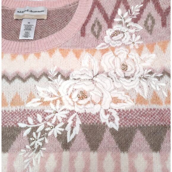 Alfred Dunner Fair Isle Sweater Womens Plus Size Pink 3X Embroidered NEW NWT $73 - Picture 4 of 13